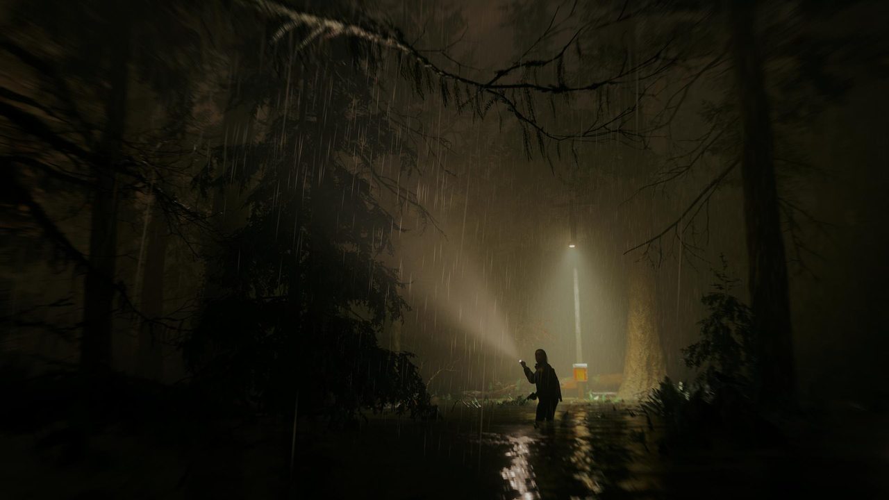 A torch beam in a flooded forest