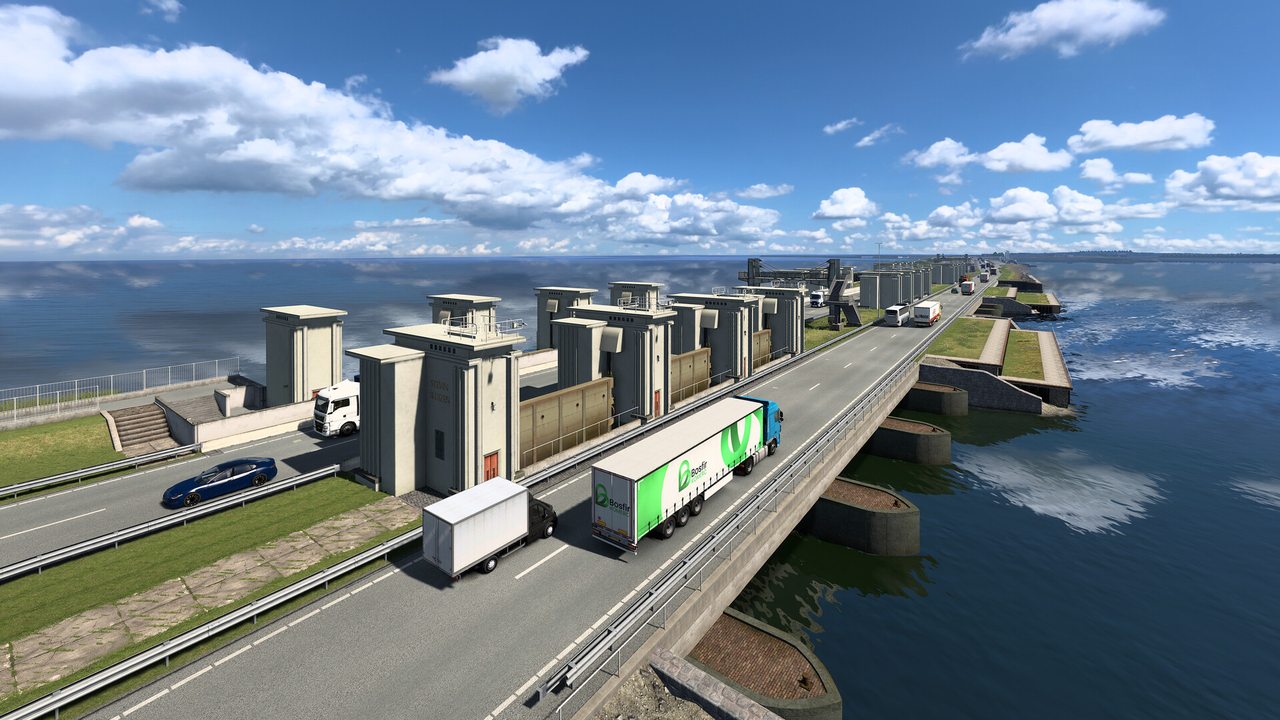 Lorries crossing a long bridge