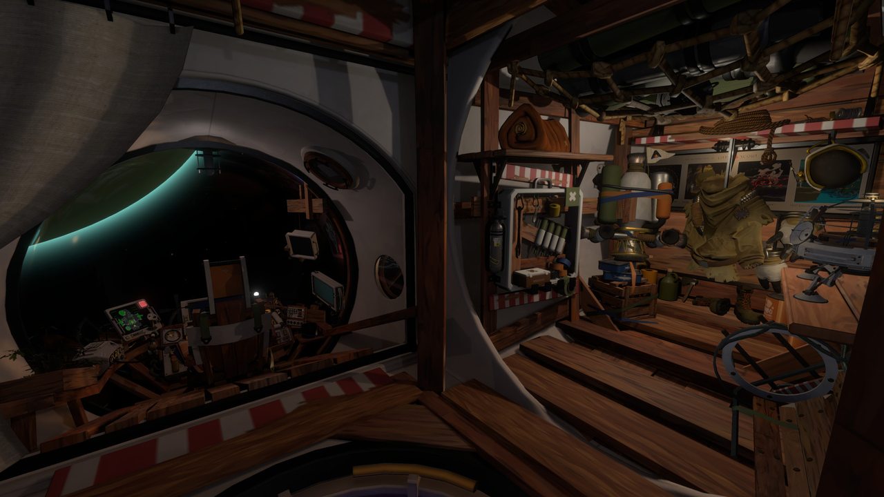 The inside of a wooden spaceship