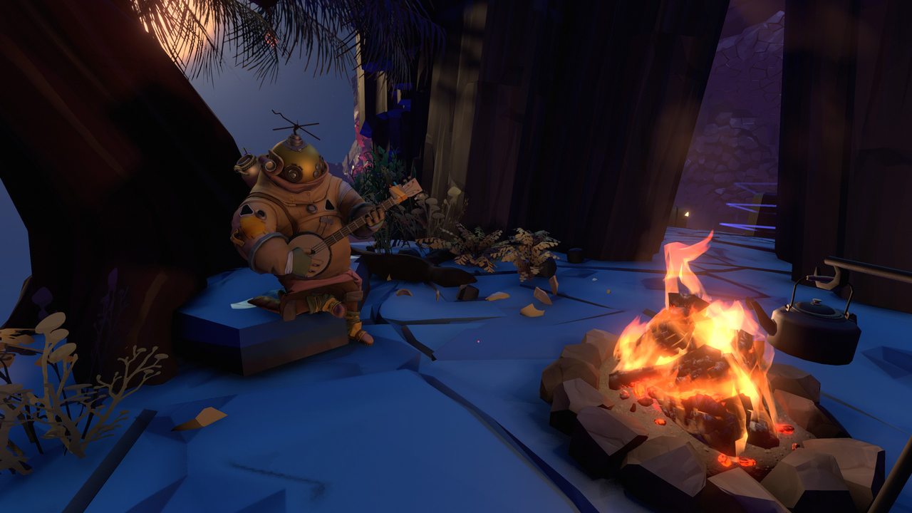 A traveller by a campfire at night