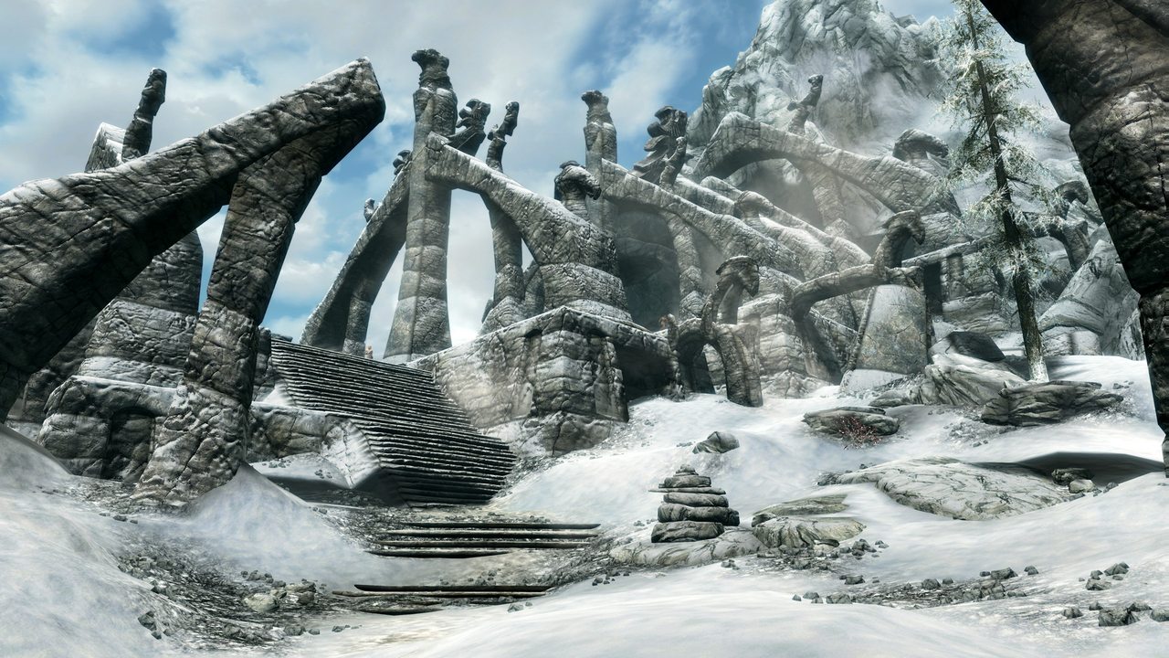 Snowy ruins under a pale sky