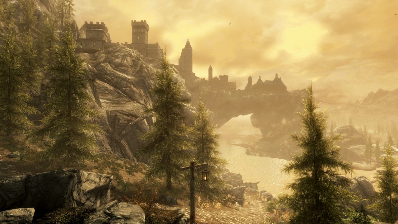 Pine forest below a hilltop fortress